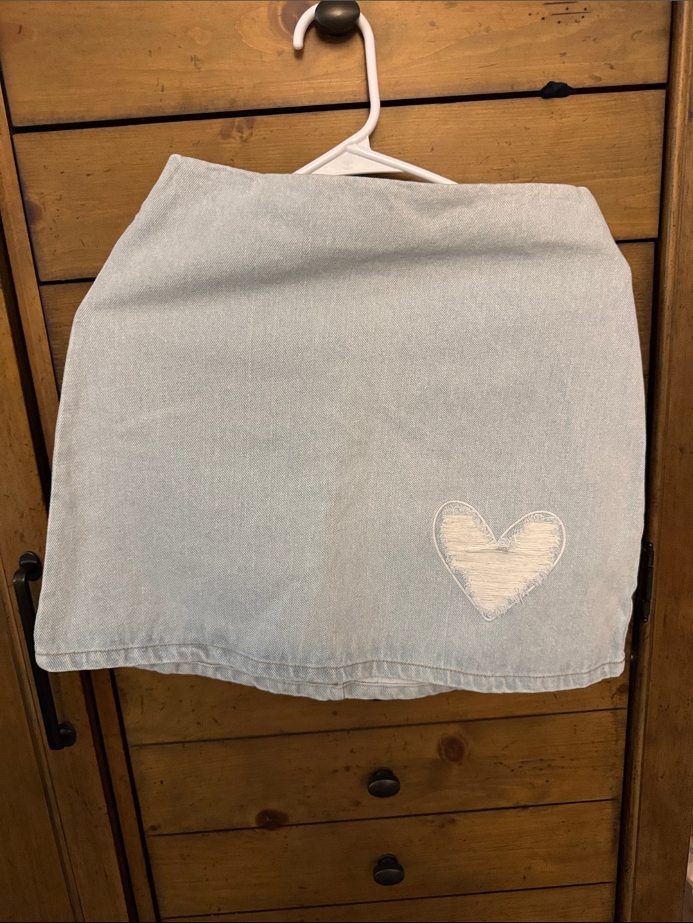 Light Blue Denim Mini Skirt with White Heart Detail